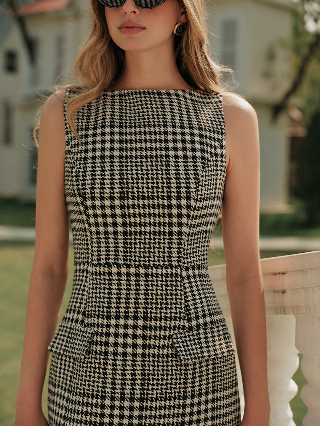 Houndstooth Tweed Fermuarlı Elbise