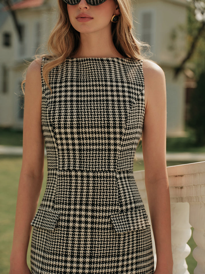 Houndstooth Tweed Fermuarlı Elbise
