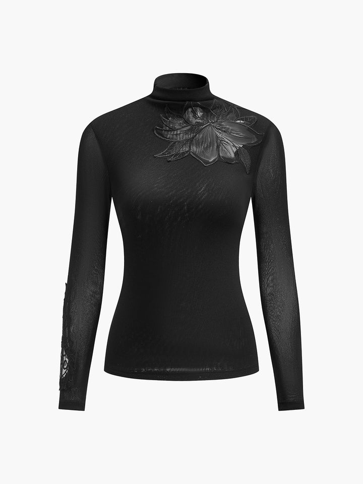 Yarı Şeffaf File-Çiçekli İnce Jersey Üst