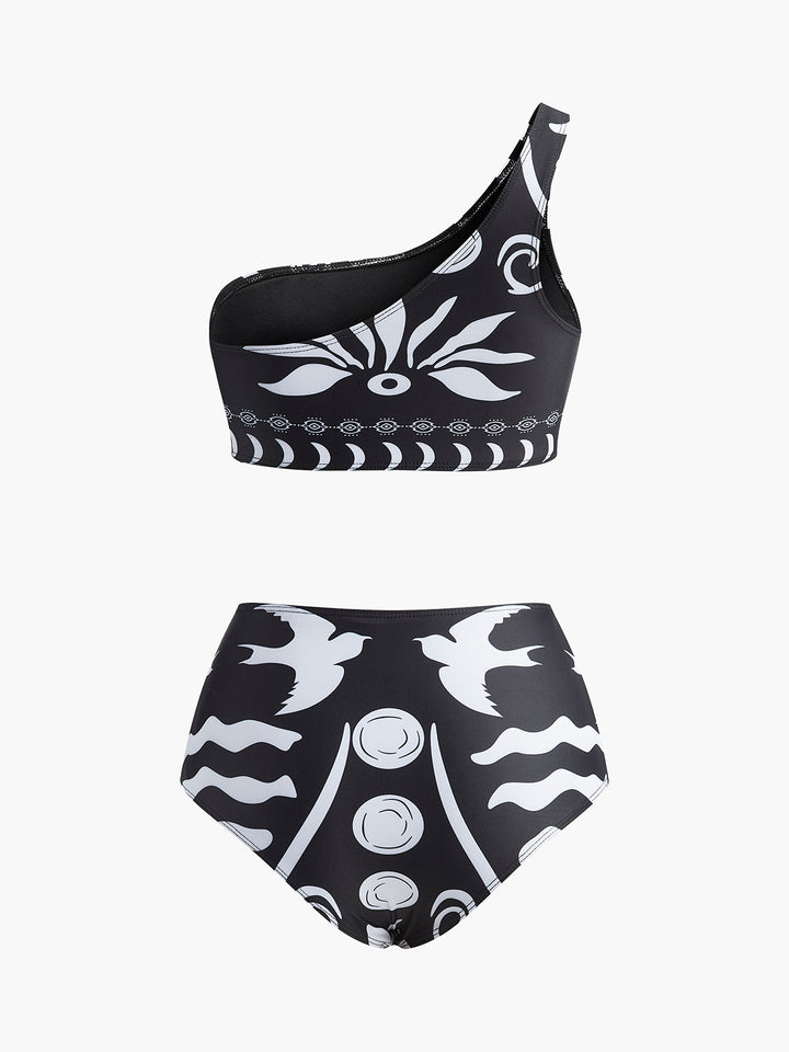 Tek Omuzlu Tribal Baskılı Bikini Takımı