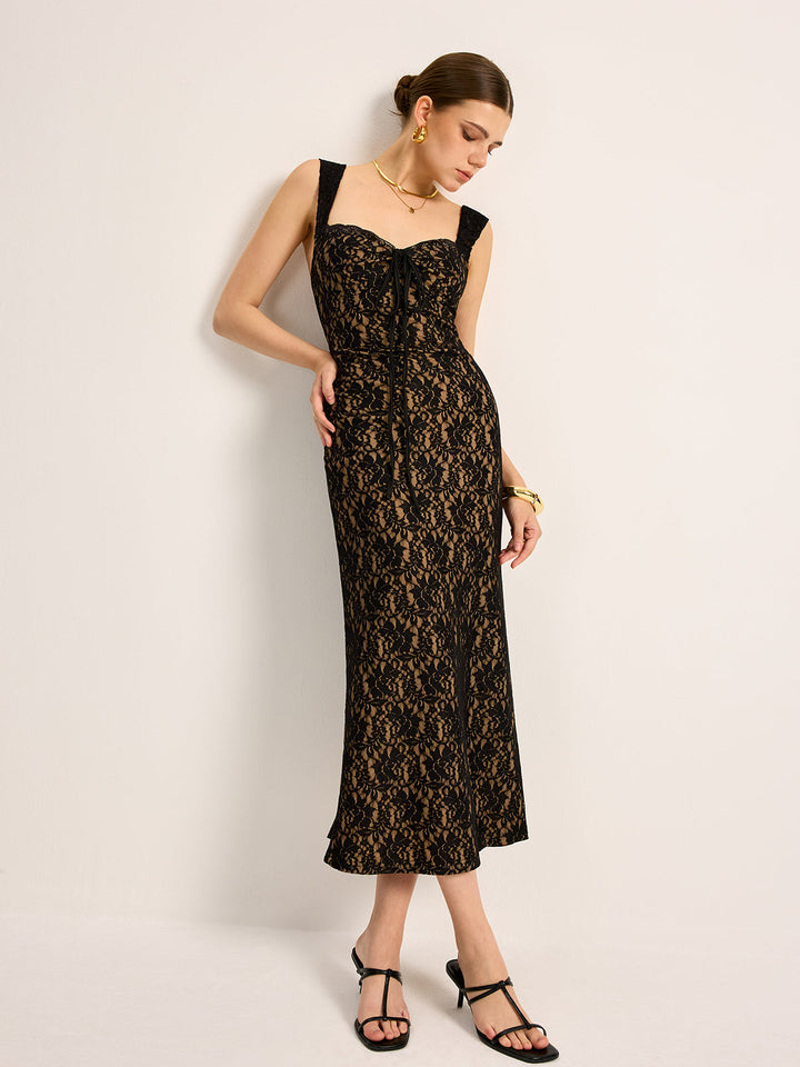 Dantel Ön Bağcıklı Kolsuz Elbise