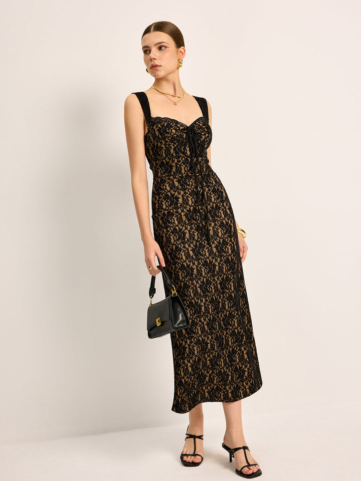 Dantel Ön Bağcıklı Kolsuz Elbise