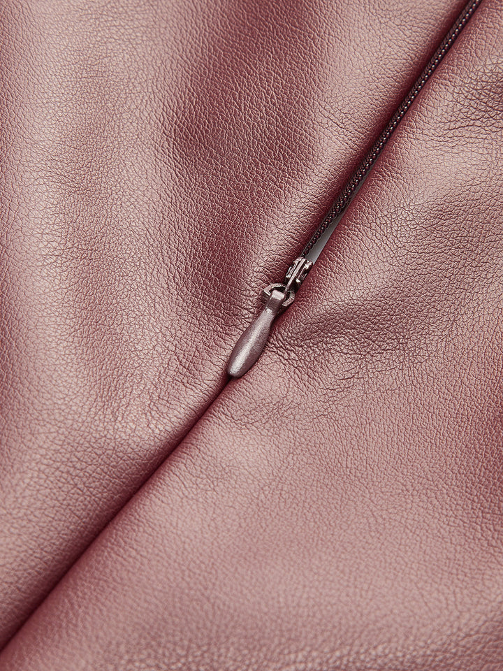 Anahtar Deliği Yaka Pileli Pu Deri İnce Elbise