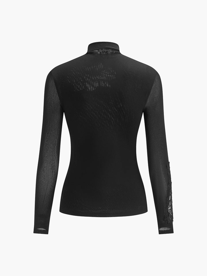 Yarı Şeffaf File-Çiçekli İnce Jersey Üst