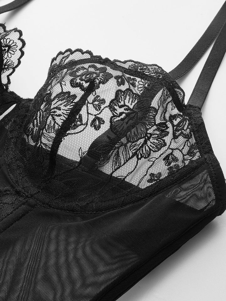Yarı Şeffaf Çiçekli Dantel Korse Üst
