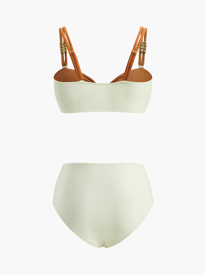 Süslemeli Renk Bloklu Retro Bikini Takımı