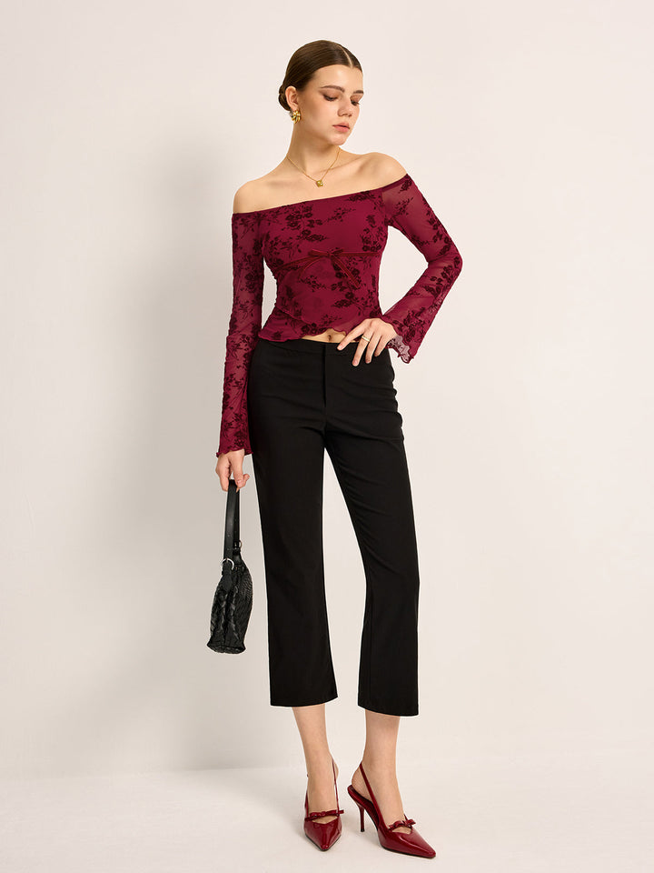 Omuz Açık Çiçek Desenli Yarı Şeffaf Tişört