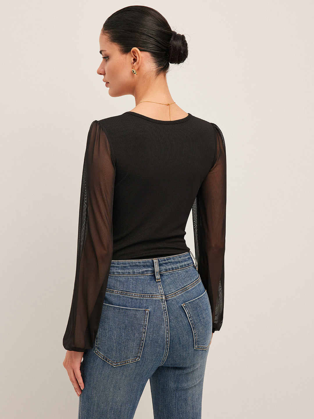 Yarı Şeffaf File Kollu Yivli Body