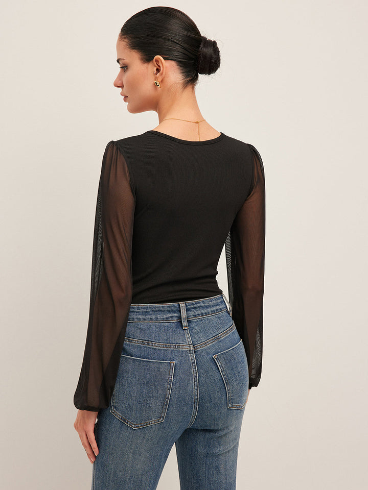 Yarı Şeffaf File Kollu Yivli Body