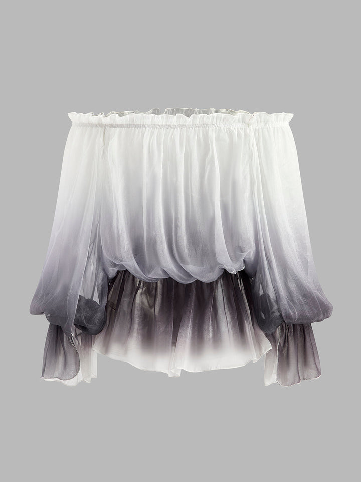 Yarı Şeffaf Degrade Çiçekli Omuzdan Askılı Şifon Üst