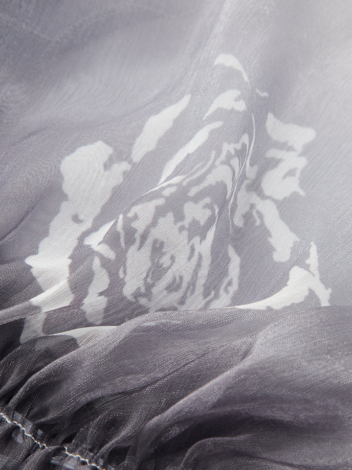 Yarı Şeffaf Degrade Çiçekli Omuzdan Askılı Şifon Üst