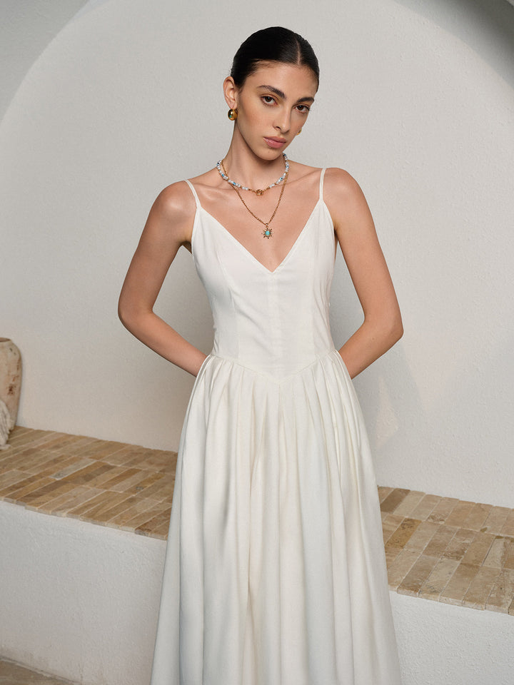 Sırtı Açık Spagetti Askılı Pileli Elbise