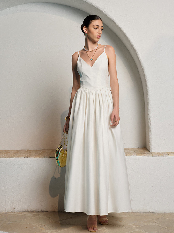 Sırtı Açık Spagetti Askılı Pileli Elbise