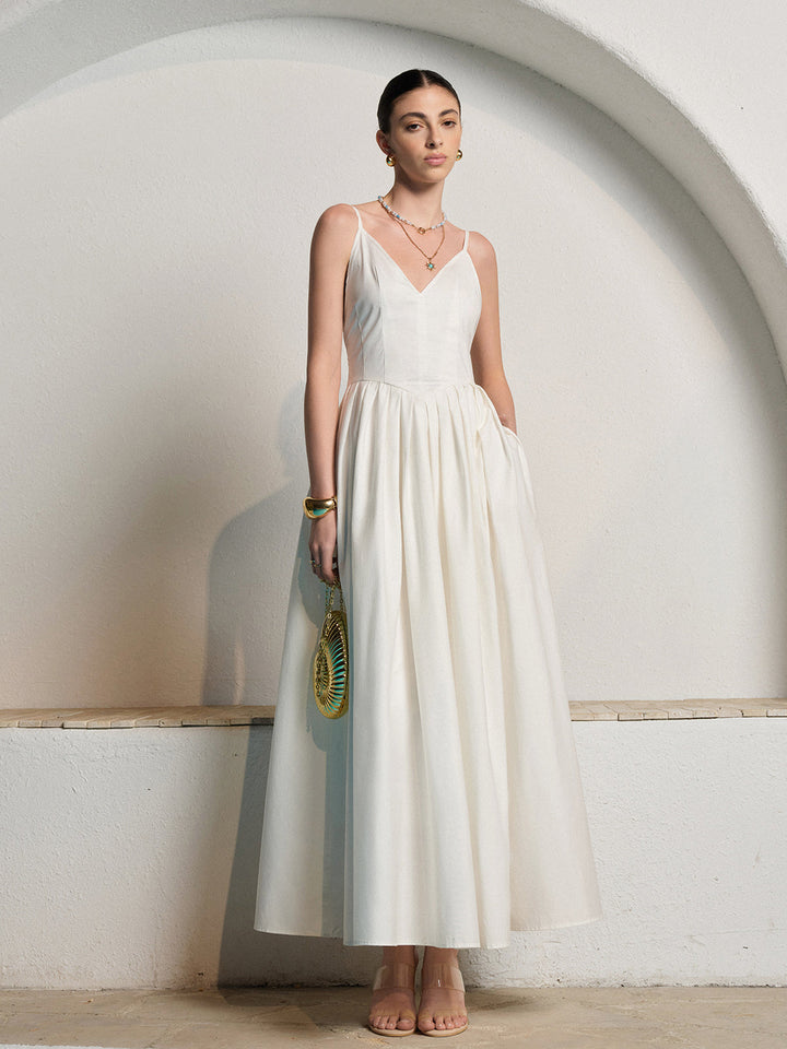 Sırtı Açık Spagetti Askılı Pileli Elbise