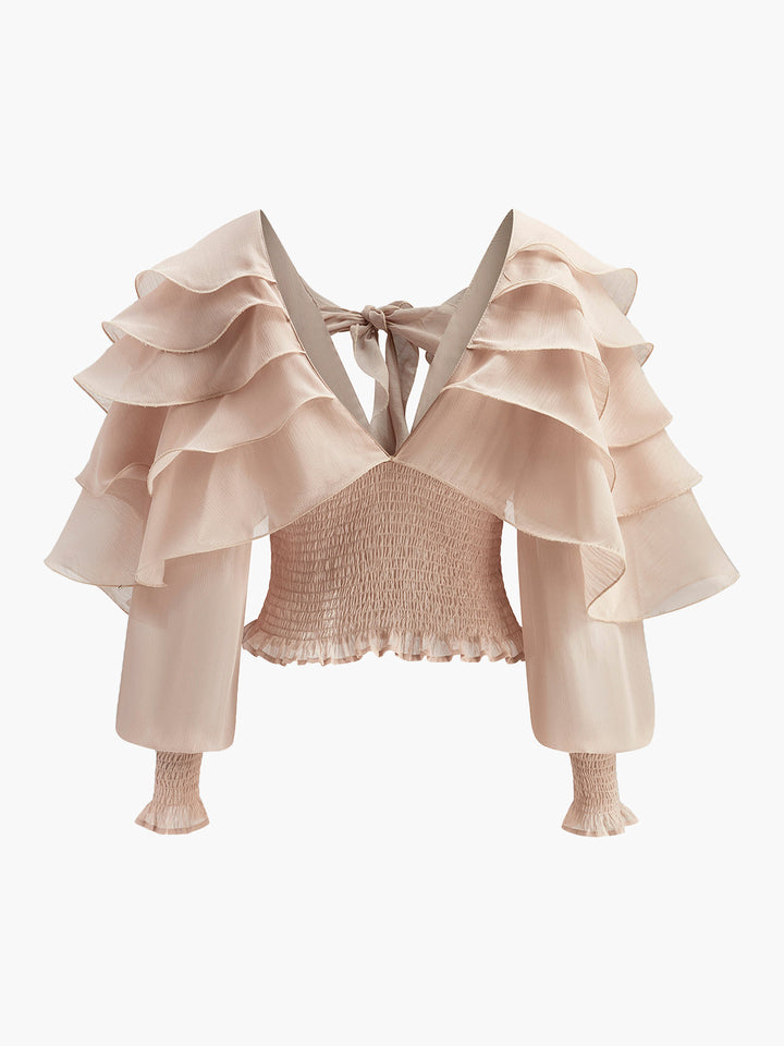 Yarı Şeffaf Şifon Volanlı Sırtı Açık Üst