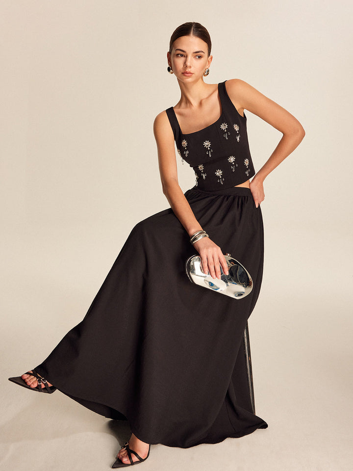 Çiçekli Kristal Sırt Fermuarlı Üst