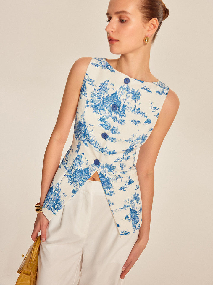 Baskılı Kolsuz Yırtık Etek Yelek