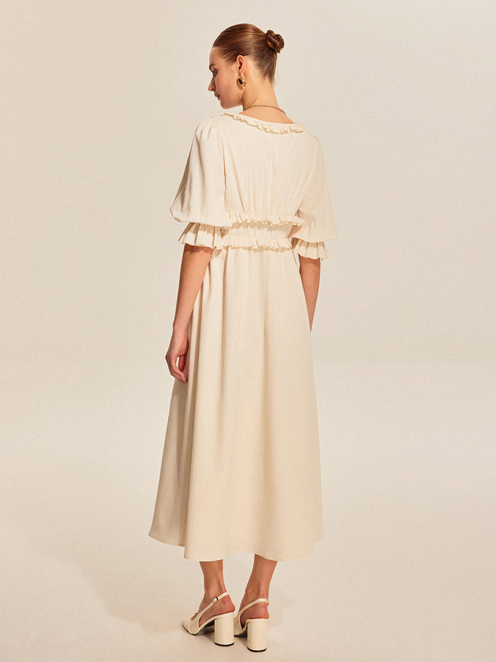Volanlı Kenarlı Bağcıklı Elbise