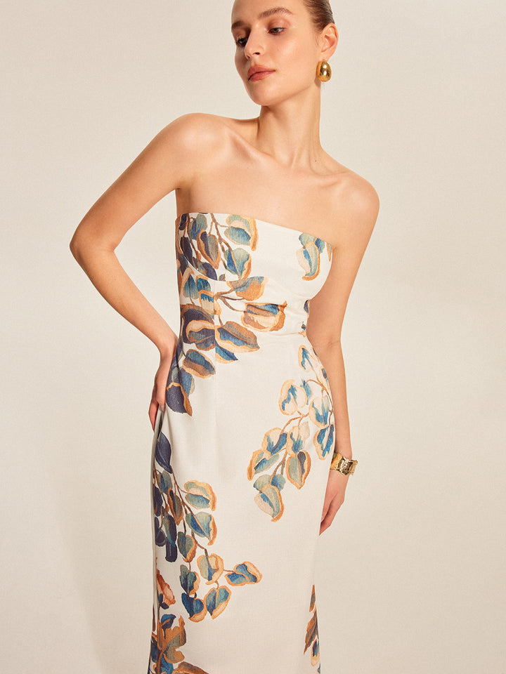 Çiçek Desenli Straplez Elbise