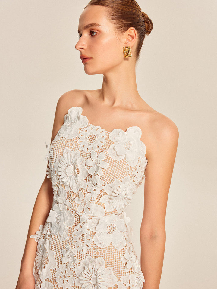 Straplez 3D Çiçekli Dantel Elbise