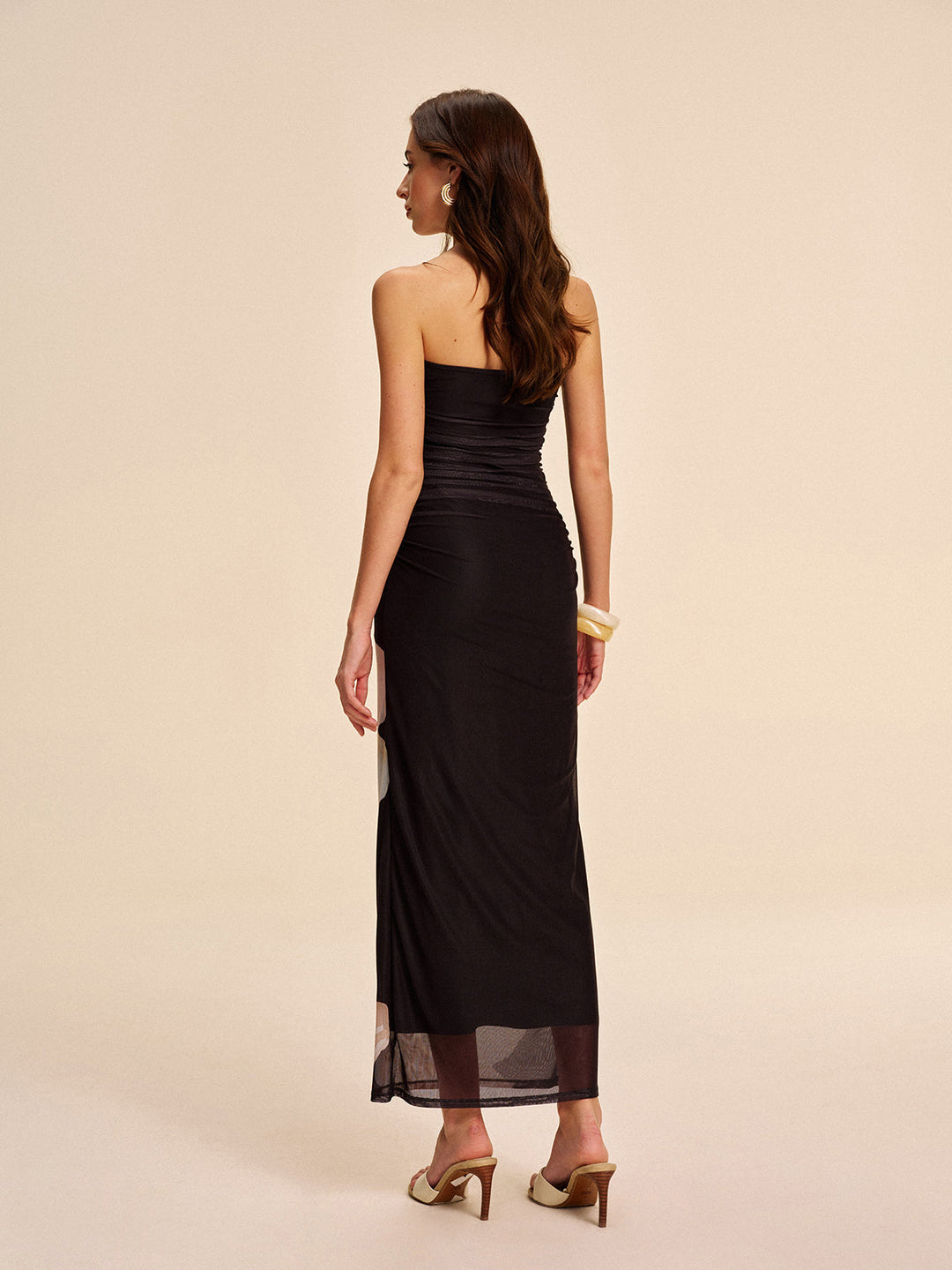 Yarı Şeffaf Straplez Kıvrımlı Çiçekli File Elbise