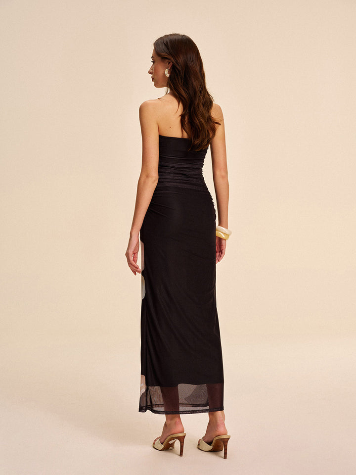 Yarı Şeffaf Straplez Kıvrımlı Çiçekli File Elbise