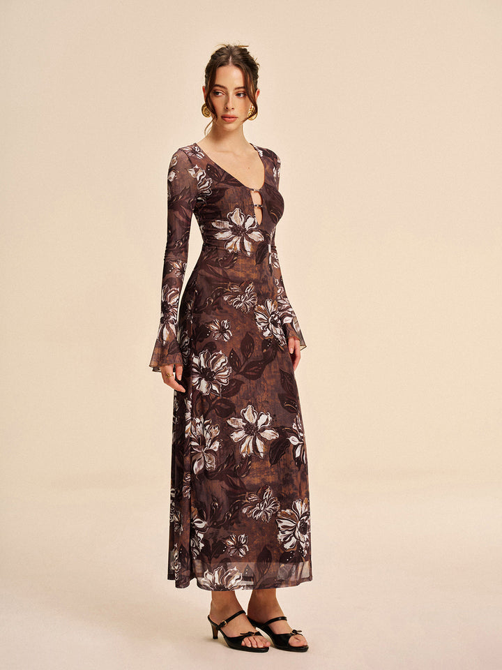 Yarı Şeffaf File Çiçekli Kesimli Yarık Elbise