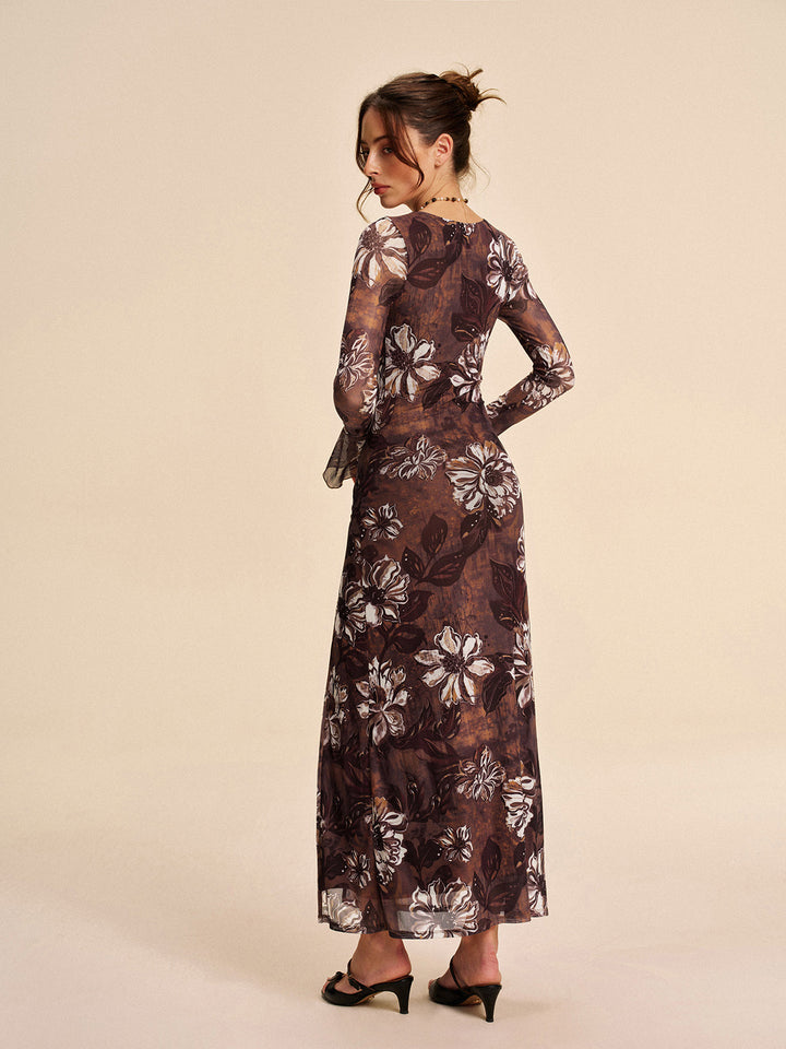 Yarı Şeffaf File Çiçekli Kesimli Yarık Elbise