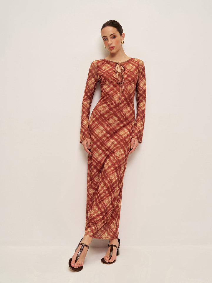 Ekose Önden Bağlamalı Uzun Kollu Elbise