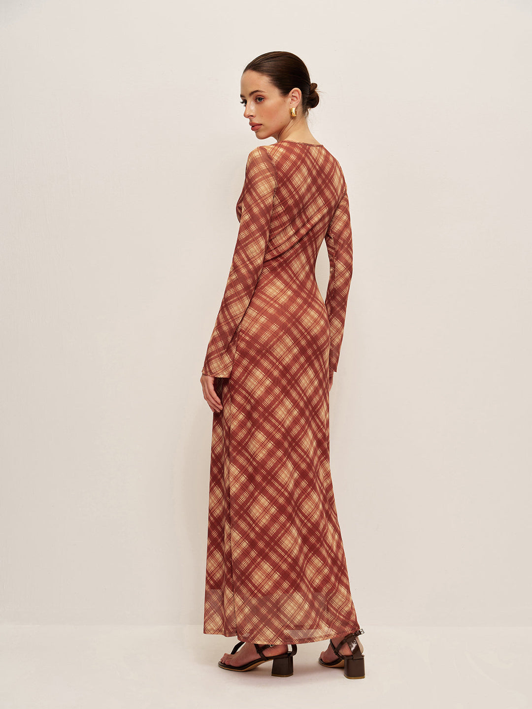 Ekose Önden Bağlamalı Uzun Kollu Elbise