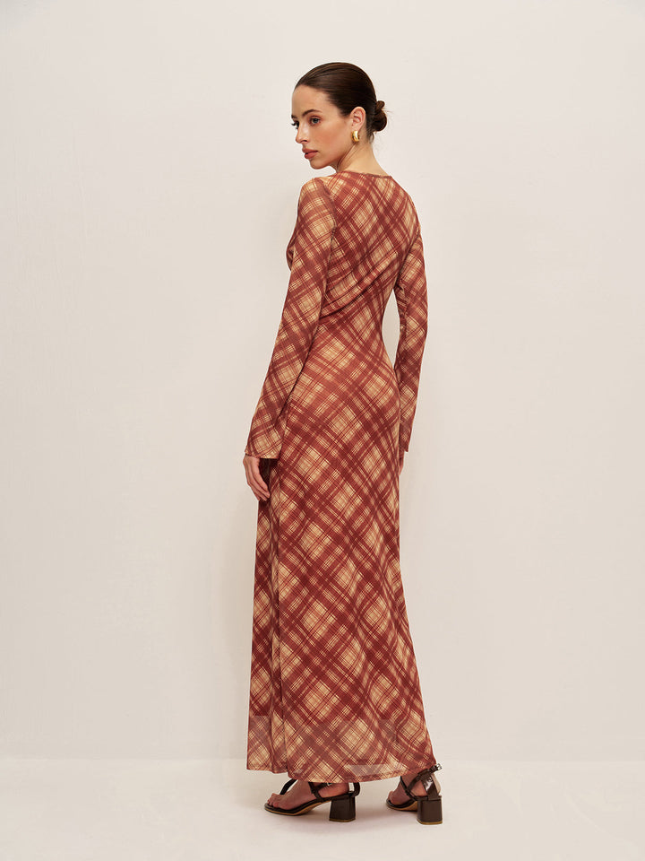 Ekose Önden Bağlamalı Uzun Kollu Elbise