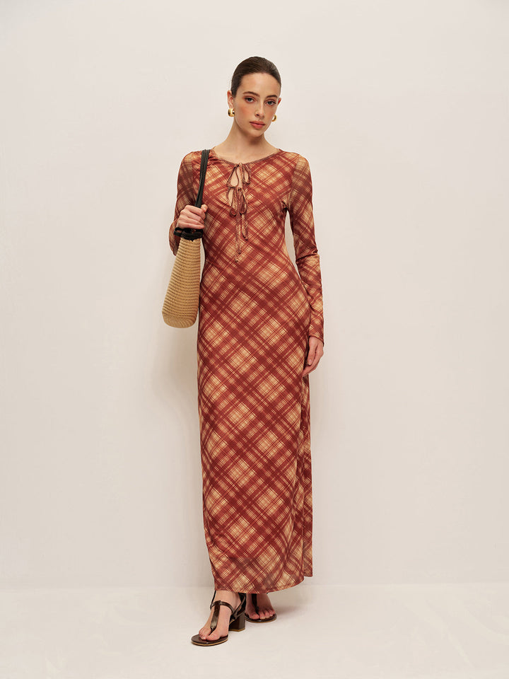 Ekose Önden Bağlamalı Uzun Kollu Elbise