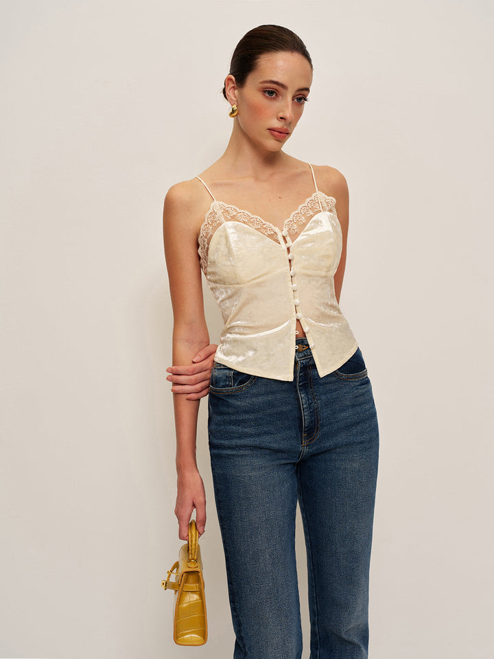 Dantel Detaylı Kadife Askılı Üst