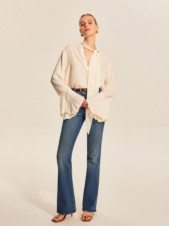 Yarı Şeffaf Papyon Pileli Manşet Şifon Bluz