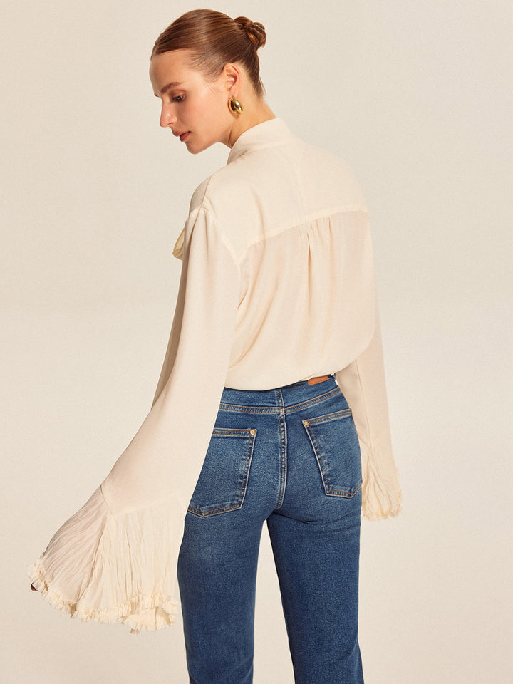 Yarı Şeffaf Papyon Pileli Manşet Şifon Bluz