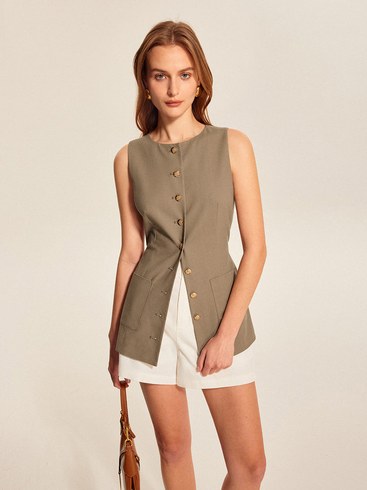 Asimetrik Düğme Cep Detaylı Yelek