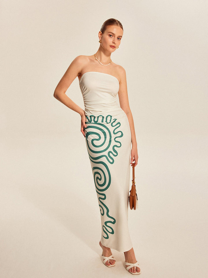 Straplez Büzgülü Baskılı Elbise