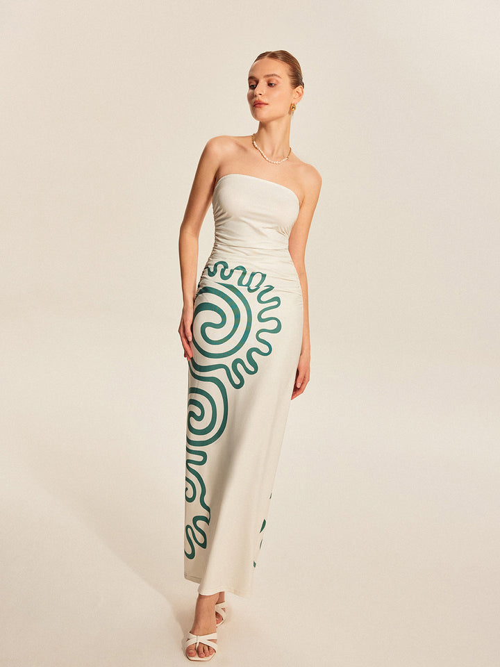 Straplez Büzgülü Baskılı Elbise