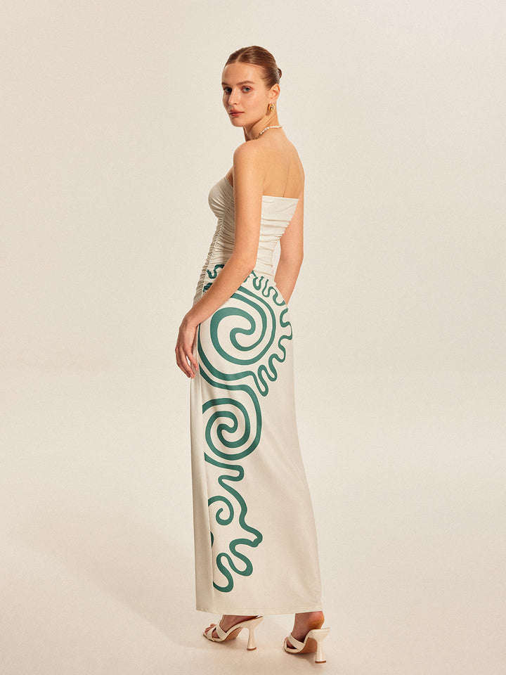 Straplez Büzgülü Baskılı Elbise