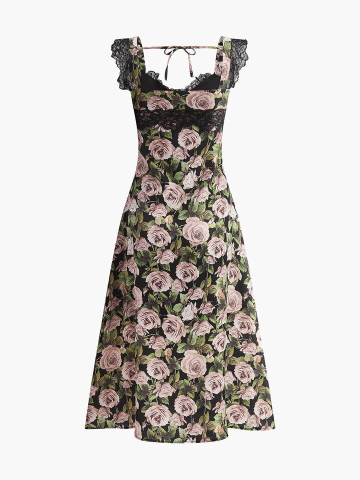 Çiçekli Dantel-Süslemeli Bağcıklı Elbise