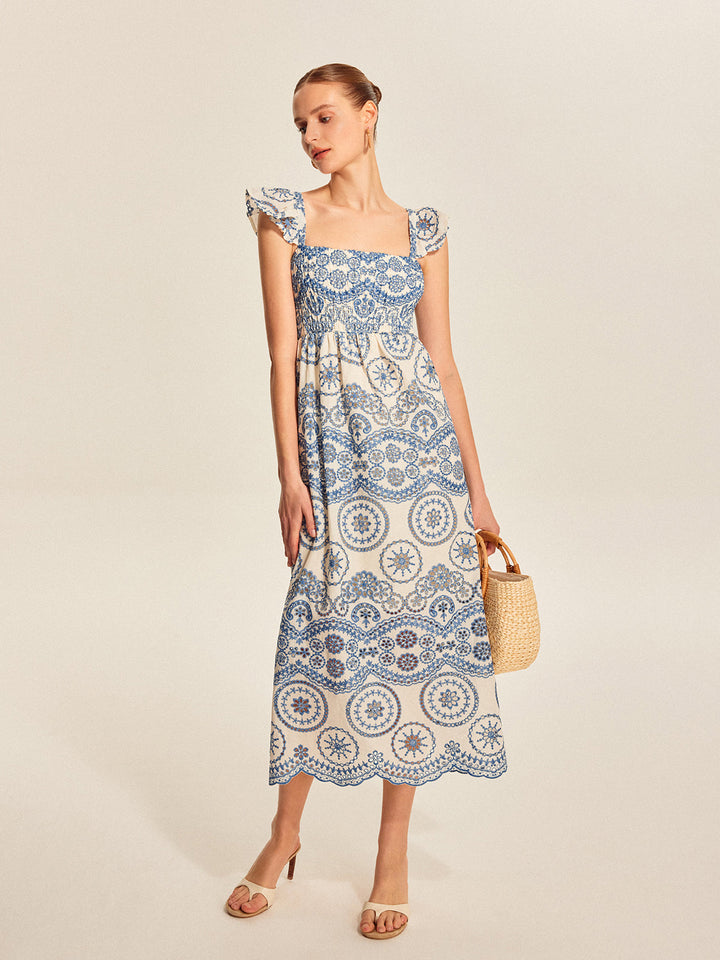 Yarı Şeffaf Boho Çiçekli Sırt Kesimli Elbise