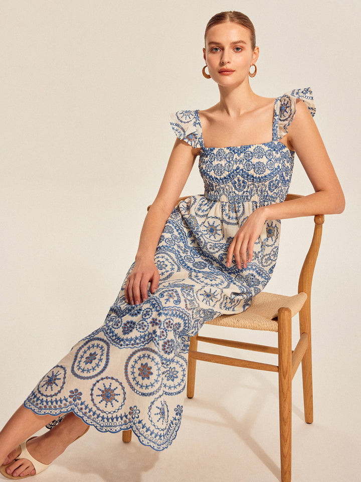 Yarı Şeffaf Boho Çiçekli Sırt Kesimli Elbise