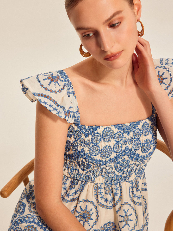 Yarı Şeffaf Boho Çiçekli Sırt Kesimli Elbise