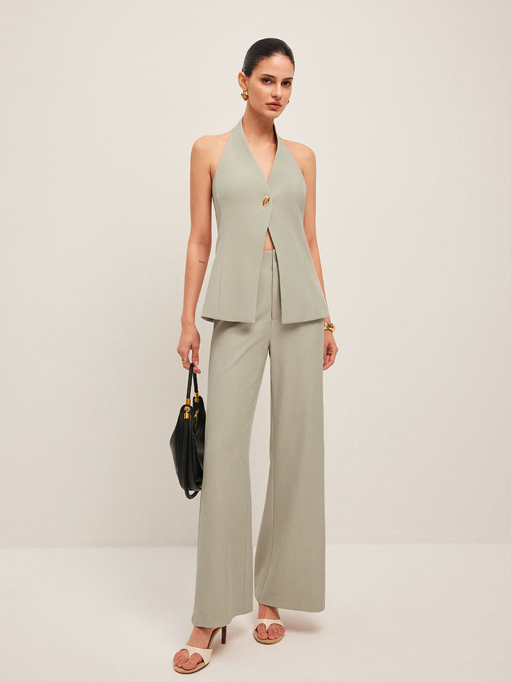 Halter Yaka Metal Düğme Detaylı Sırtı Açık Yelek