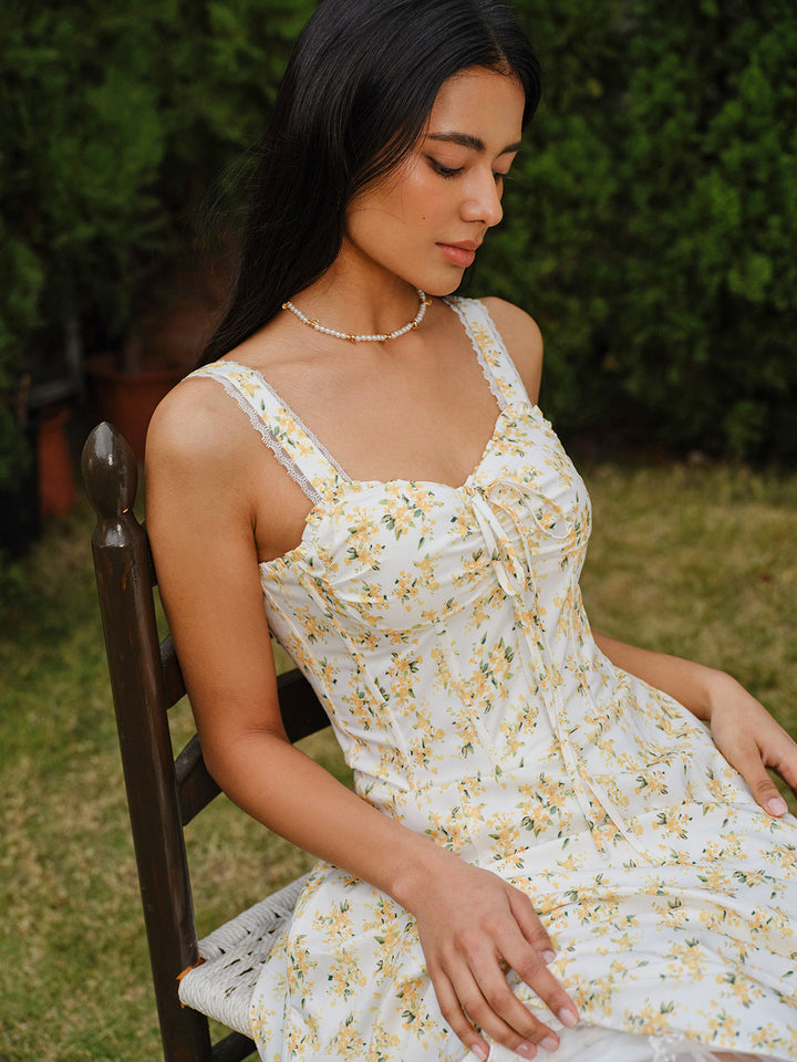 Çiçekli Dantel-Önden Bağlamalı Elbise