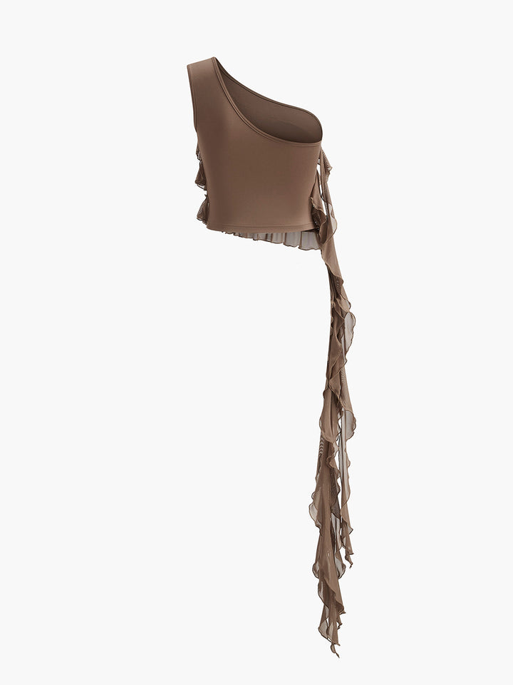 Tek Omuzlu Fırfırlı Rozet Detaylı Üst