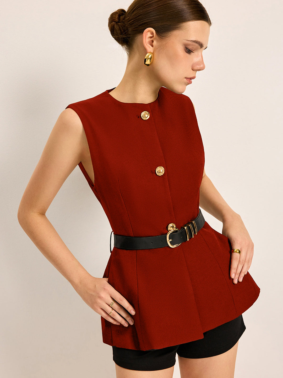 Düğme Detaylı Cepli Kemerli Üst