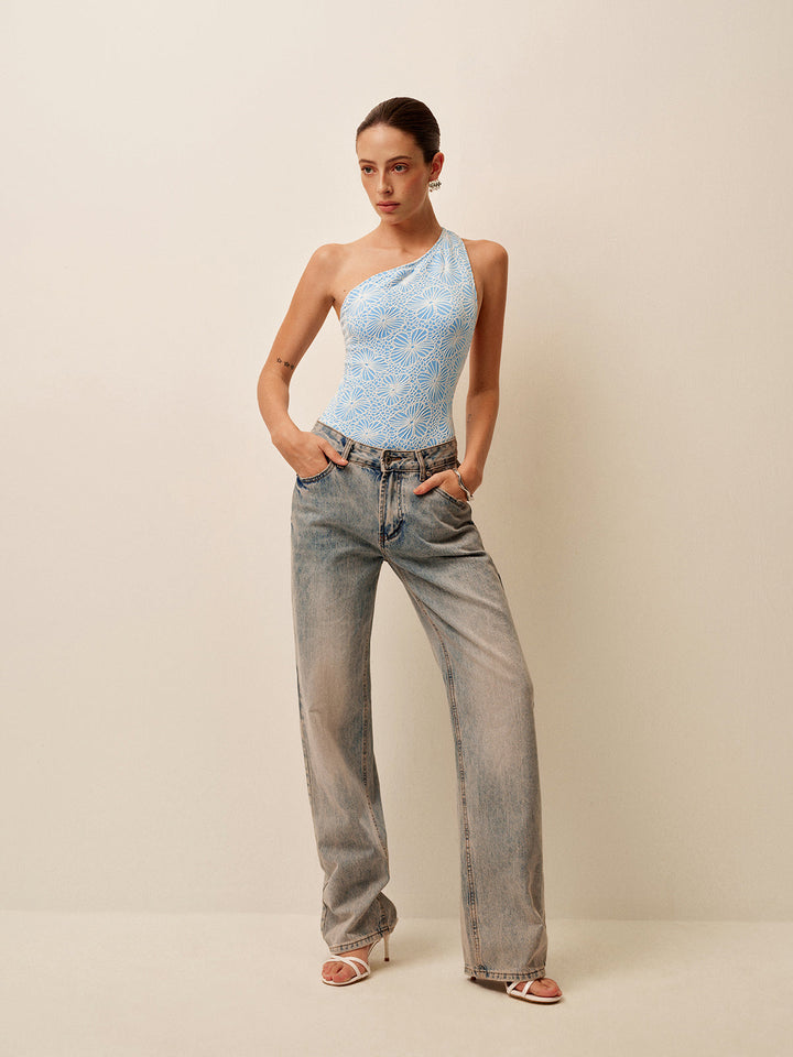 Asimetrik Dantel Kesik Sırt Tek Parça