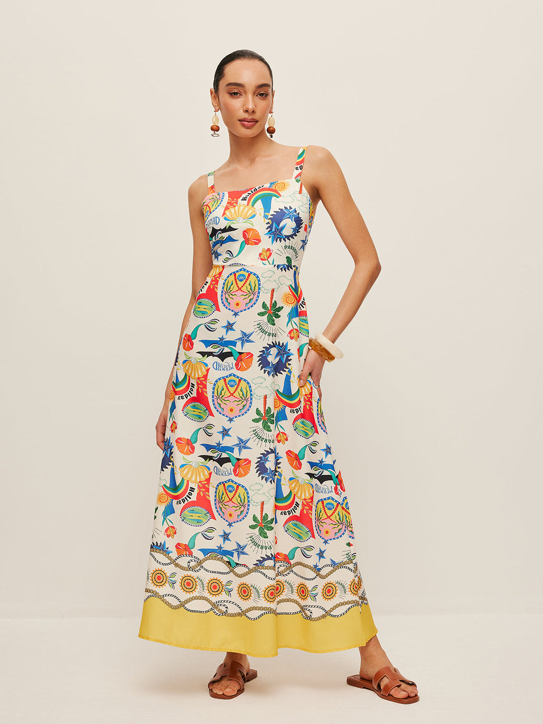 Renkli Baskılı Askılı Elbise