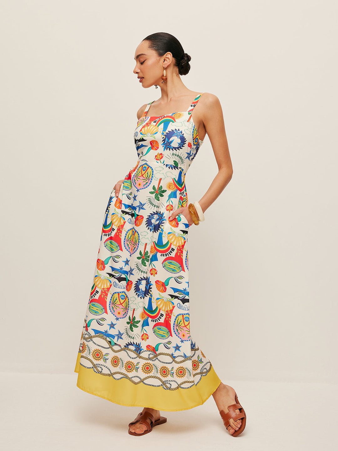 Renkli Baskılı Askılı Elbise